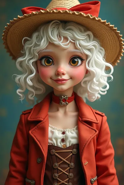 Make me a girl with curly white hair , White Eyebrows, that he is smiling, with a straw hat and red ribbon ,  who wears a red jacket and a brown corset