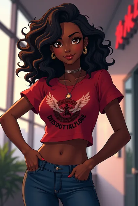 A black woman, she is black skin and she has black hair, she wears a red designed t-shirt and a tight jeans pants, she has big boos and big booty, anime style, realistic wide shot 