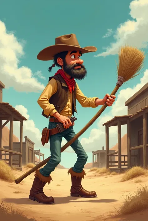 A clumsy cowboy now does it with a broom 