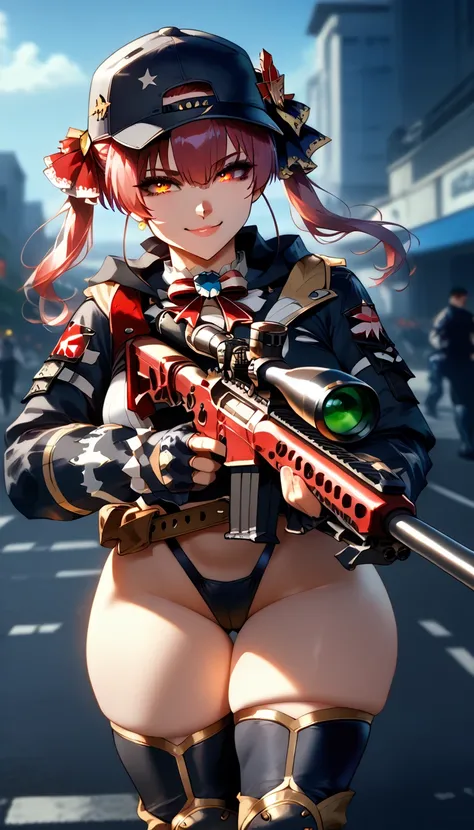 1girl, marine, Houshou Marine, Hololive, (best quality), ((masterpiece)), (highres), 16K, perfect face, yellow eyes, red eyes, long hair, twintails, wearing baseball cap, wearing tactical gear, wearing black thong, thighhighs, knee pads, boots, tactical be...