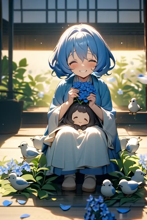 In a fragrant garden,  A blind woman stands with her arms outstretched ,  while gently touching the petals of the flower she met,  The connection between nature and lovely blue flowers in a fragrant garden .Sitting on the floor pose、smile、Small animals tha...