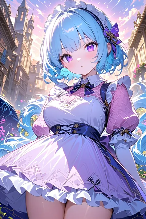  One Beautiful Girl ,Petite figure 、 light blue hair color , Purple and White Dress , purple eyes、Thighs、valley、 Lolita-style maid , miniskirt, standing with different breasts 、 center from tip to tip２pink mesh for books、Snowflakes fluttering　,Art Deco,chr...