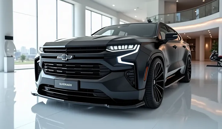 Front side view of futuristic  painted black with shiny clour 2025  Chevorlet Silverado SS sleek in large shape sedan in large size with Chevorlet logo on its large detailed grille in shiny white clour with angular sporty design captured from close Front v...