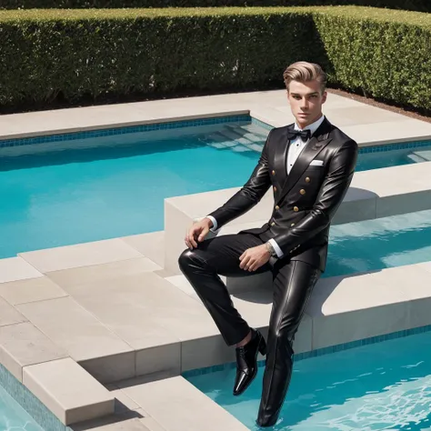 A fashion photograph featuring a young man with short, blonde hair styled in an elegant wave, sitting confidently in an outdoor swimming pool. He is dressed in a striking black glossy leather suit, including a double-breasted jacket with broad gold buttons...