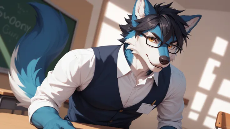 Anthropomorphic male furry wolf, blue fur skin, white fur skin, slender body, fit body, (looking at viewer), POV, Solo, High Resolution, shadow, Short Hair, Black Hair, Animal Ears, Black glasses, Blurry, Wolf Ears, Best Quality, Anatomically Correct, teac...