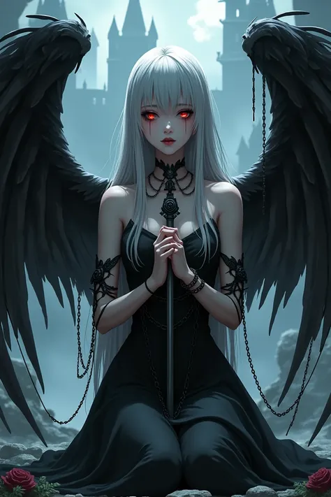   anime with a very beautiful body ,  with a strong gray skin color ,  with long white hair,  with red eyes ,  crying black tears ,  wearing a very beautiful long black dress, with magic background ,  with monster castles ,  she with big black wings , pray...