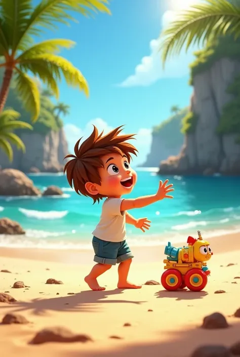 Create an image of a boy on the beach with a toy