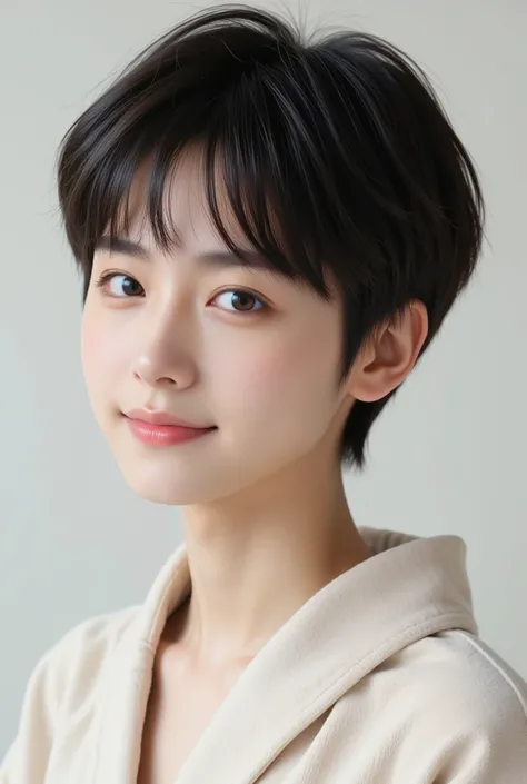 handsome mix korean japanese ten year old, boy, short black hair, black detailed eyes, gentle smile, sharp eyebrows, round face, cool, detailed face, small nose, in beige bathrobe, facing left side