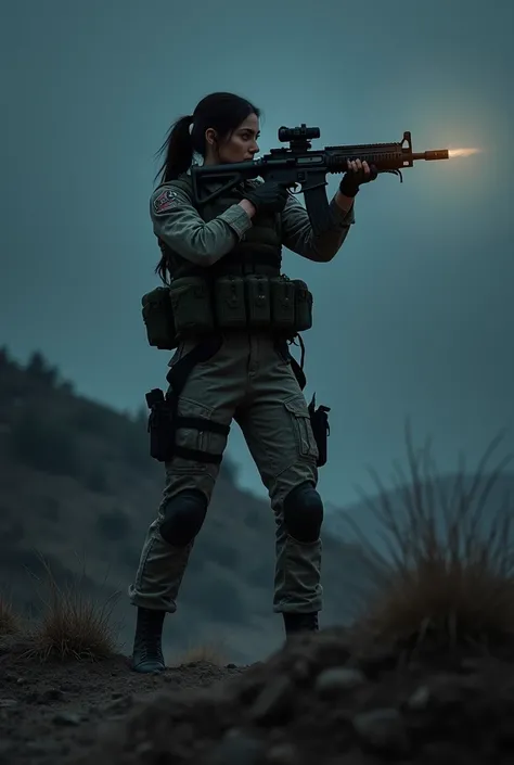 Military woman on the dirt floor on a hill,  pointing a gun , It&#39;s night time 