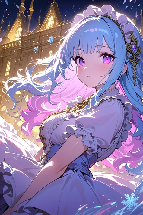  One Beautiful Girl ,Petite figure 、 light blue hair color , long hair、 wavy hair 、 Purple and White Dress , purple eyes、Thighs、valley、 Lolita-style maid , miniskirt, standing with different breasts 、Center from the cilia to the tips of the bangs２The thick...