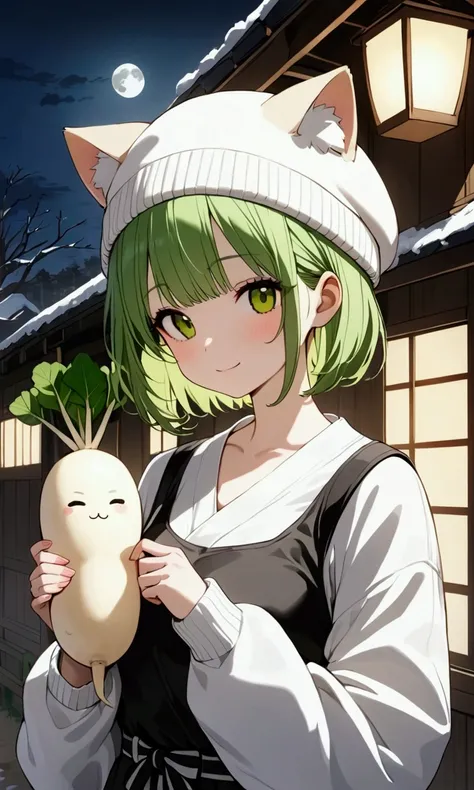 masterpiece,a cute girl( bright green hair, short hair,girl knitting cat ear knitted hat ,girly winter outfit ）, she is beside  a daikon character(a Japanese white radish character that has leaves),full moon,Rural townscape