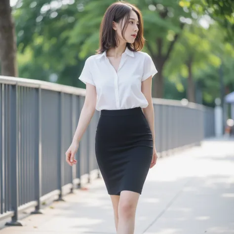 Candid photo of beautifully smooth, with smooth colors that are pleasing to the eye A young 3rd year Thai university student woman,  with a good figure, likely a teenager or young adult, She is light-skinned with shoulder-length, light brown hair, and is l...