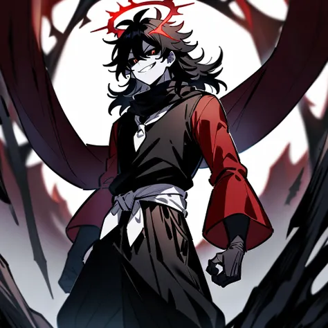 Anime male character, with a red halo on top of his head, long black messy hair, red sleeves, black top, black sclera, and red eyes, large black baggy pants, black boots, white tie on waist, and a large black scarf on his neck, and white pale skin, grinnin...