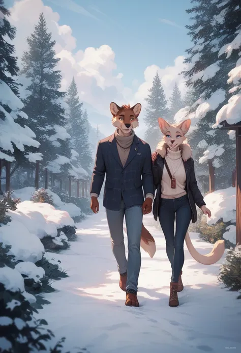 furry couple walking hand in hand  winter background