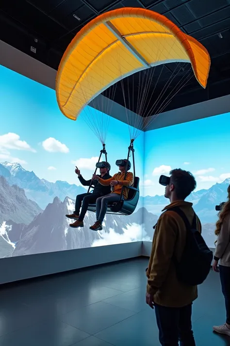 Indoor space 8m x 13m x 6m
Passengers experiencing a 4D paragliding simulator
Passengers wear VR goggles and helmets
It is connected to a canopy-shaped device attached to the indoor ceiling via a wire.