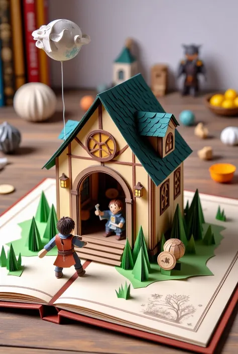 "Origami of a small hobbit home with ren playing outside, representing the success of The Hobbit as a ren’s story."

