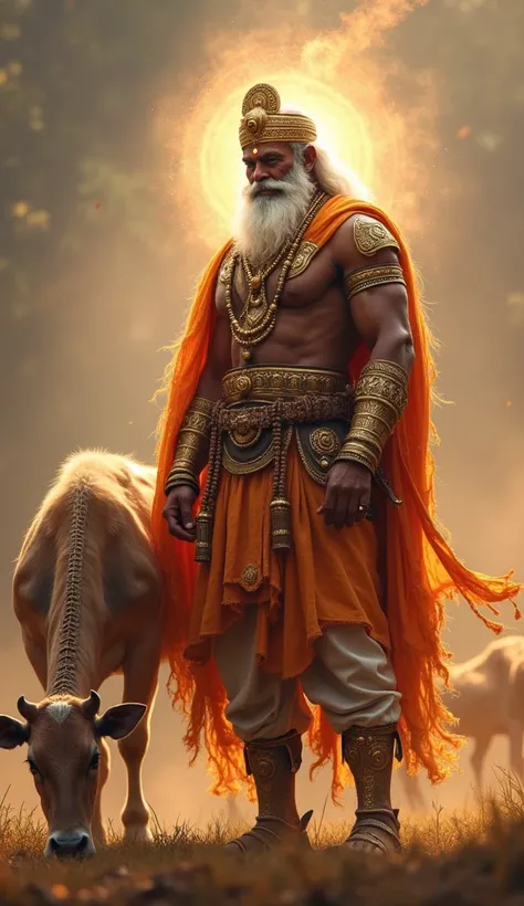 A Very Clear 4K Ultra HD Dynamic Image Of "Gogaji Maharaj, with a calm and compassionate expression, stands beside a grazing cow. He is dressed in royal armor, and a divine glow surrounds him, symbolizing his vow to protect animals. His strong build and re...