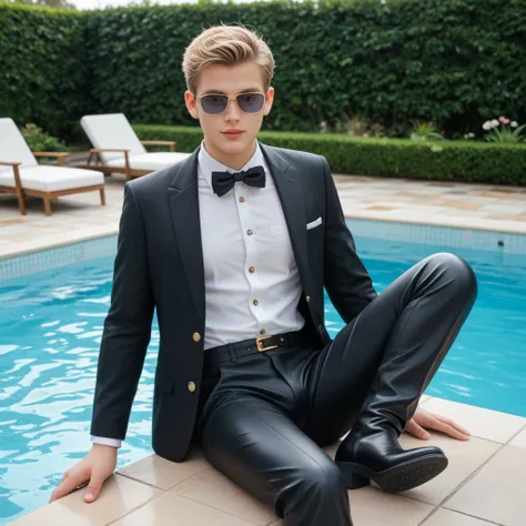 A fashion photograph featuring a young man with short, blonde hair styled in an elegant wave, sitting confidently in an outdoor swimming pool. He is dressed in a striking black glossy leather suit, including a double-breasted jacket with broad gold buttons...