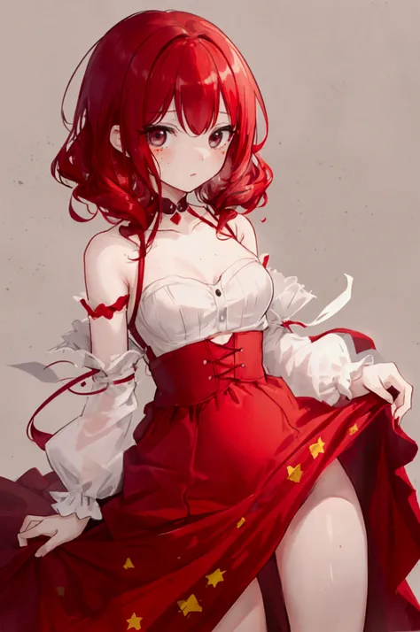 a girl with black eyes, bright red hair, slightly curly, with freckles all over her body, small breasts, beautiful princess dress.