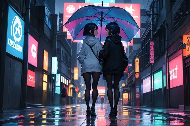 "A shy anime girl with dark blue hair and an oversized hoodie, holding a transparent umbrella as rain falls gently. The background is a neon-lit city street with reflections of colorful signs on the wet pavement and people passing by with umbrellas, master...