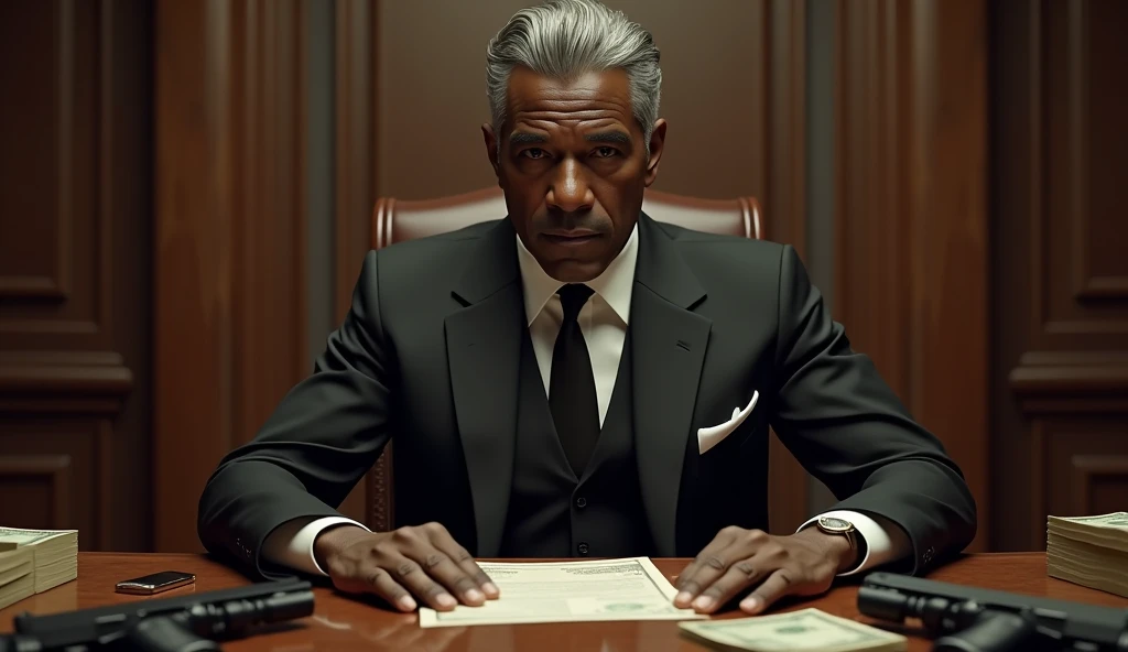 a black man, very elegant, With slightly gray hair, standing behind your desk, looking seriously ahead.  Firearms and money on the table . (best quality, 8k, high resolution, masterpiece: 1.2), ultra-detailed, (realistic, photorealistic, photorealistic: 1....