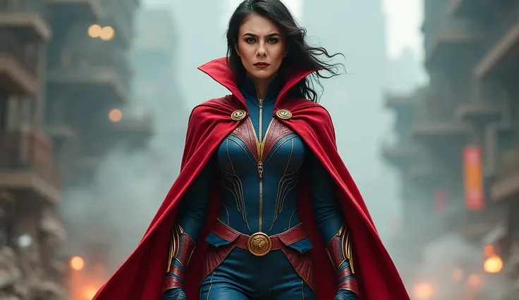 Camera zooms out ,A beautiful woman with tall body from Asia Korea wearing doctor strange superhero costume with no mask 