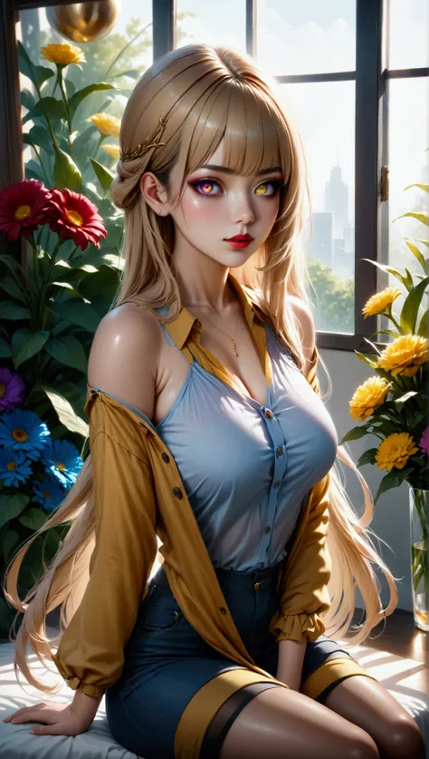 (masterpiece, aesthetic, detailed eyes, realistic), 1girl, mahiru shiina, angel next door spoils me rotten, Long smooth straight golden hair, gradient eyes from purple to golden, large bust, large hips, slim waist, sitting in casual clothes, super detail, ...