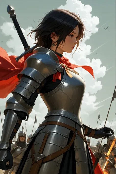 anime style art, A female warrior wearing ancient armor brandishes sword on the battlefield, gaze firm, with war and smoke behind him. The painting style is rough, with gray and red as the main colors, showcasing the bravery and fighting spirit of the char...