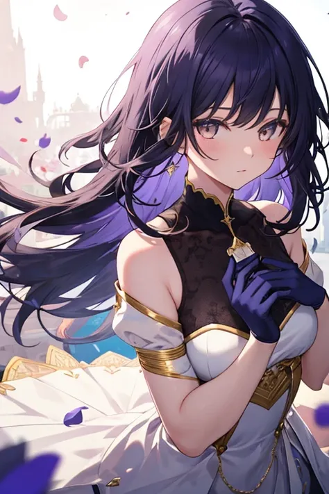 masterpiece, ultra-high quality, high resolution, 1 girl, shoulder-length dark purple hair, (gold eyes:1.3), wearing a high-collared fantasy court dress, soft white with gold trim, layered design, light fabric with subtle patterns. (One hand is holding a s...