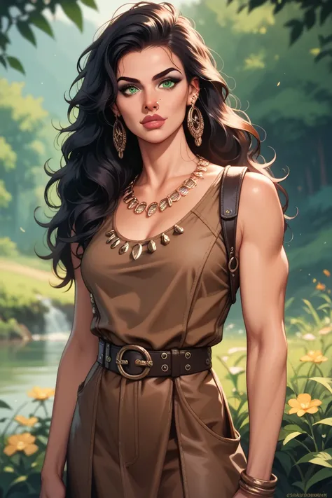 cavewoman,  brown doeskin tunic,  leather belt, moccasins, hair black rich,  high cheekbones, proud nose, piercing green eyes, outdoor meadow background