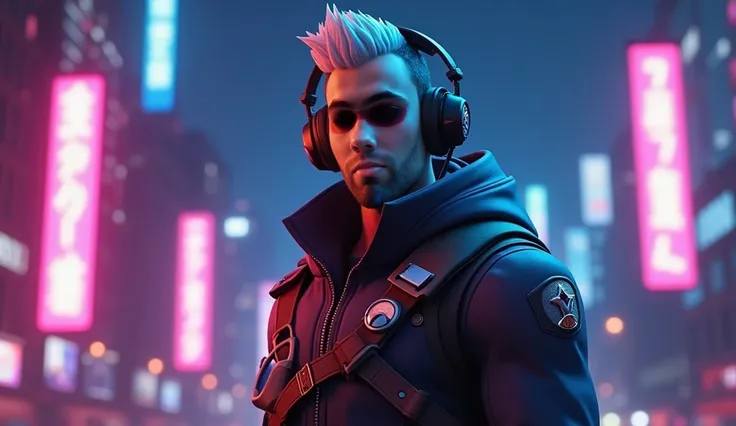  Transform this photo into a male Fortnite character considering the face, White skin and a headset.  the character must not be so strong and must carry the weapons of the Game , The environment must be the night with neon lights 