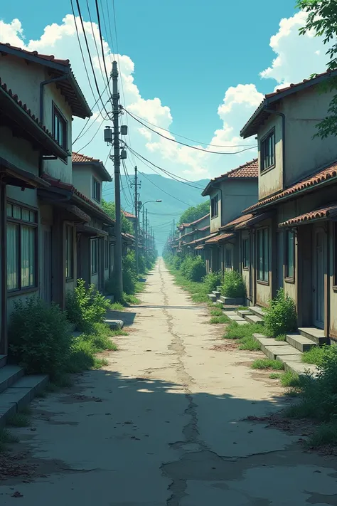 A shot of a dirty empty old street, there are houses at both sides of the street, anime style, realistic wide shot 