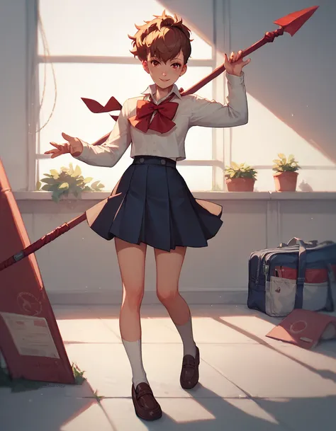 Girl, long sleeves, school uniform, spear, cool posing, good hand anatomy, good anatomy, perfect anatomy, female anatomy, Kotone Shiomi, full body