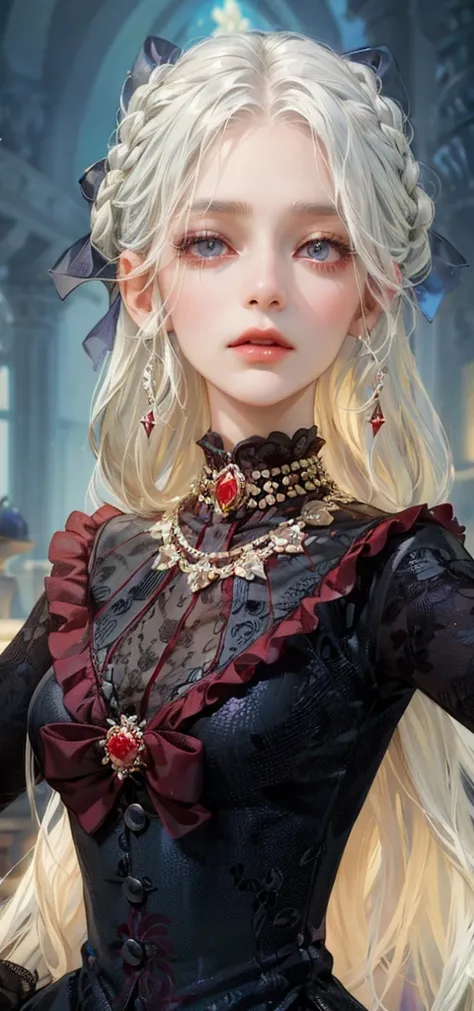 (masterpiece, top quality, best quality, official art, enchanting and aesthetic:1.2), 1female, white silver hair, royal braided hair, violet eyes, white and red dress, red and gold jewelry, high quality details, 4k eyes, white hair, silver white hair, long...