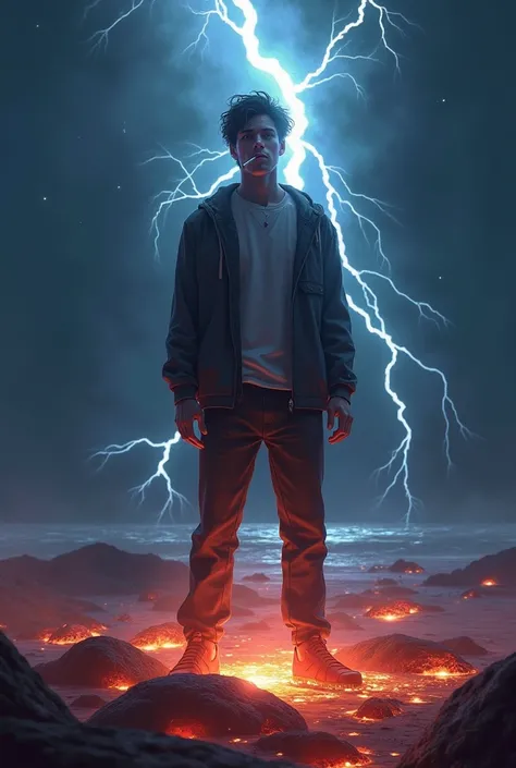 A young man with a cigarette is standing on a beach under the shining stars. He is hit by lightning from the sky and below him is volcanic lava. His name is Azhar
