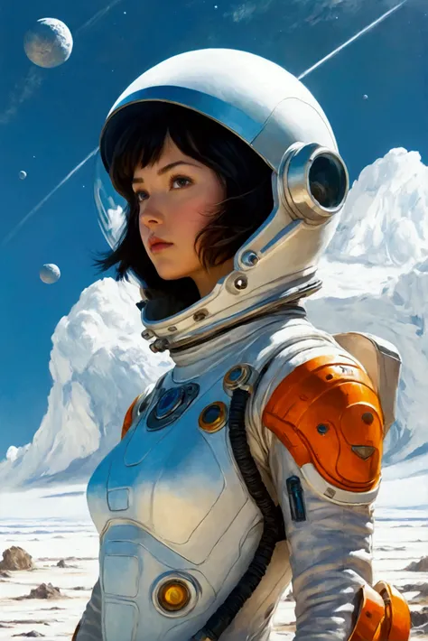 anime art style, A female space explorer stands on an alien landscape, wearing a spacesuit and helmet reflecting curious and determined face. The art style is sci-fi, with white and silver as the main colors, showcasing the characters spirit of exploration...