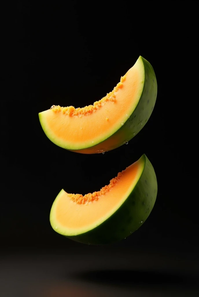 two slices of ripe melon slice on a black levitation background