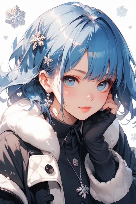 A girl with short dark blue hair, blue eyes, black winter outfit 