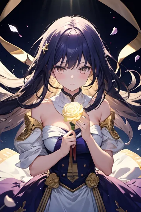 masterpiece, ultra-high quality, high resolution, 1 girl, shoulder-length dark purple hair, (gold eyes:1.3), wearing a high-collared fantasy court dress, soft white with gold trim, layered design, light fabric with subtle patterns. (One hand is holding a s...