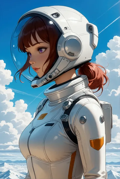 anime art style, A female space explorer stands on an alien landscape, wearing a spacesuit and helmet reflecting curious and determined face. The art style is sci-fi, with white and silver as the main colors, showcasing the characters spirit of exploration...