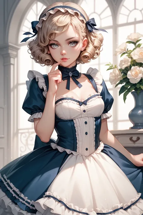 1girl, Short Curly hair, Silver eyes, Blond hair, Lolita dress,