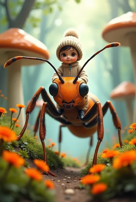 Prompt:
"A surreal and whimsical fantasy illustration featuring a young  with big expressive eyes, sitting atop a giant orange and black ant. The  is wearing a cozy beige outfit and a knitted hat, looking cheerful and curious. The setting is a magical fore...