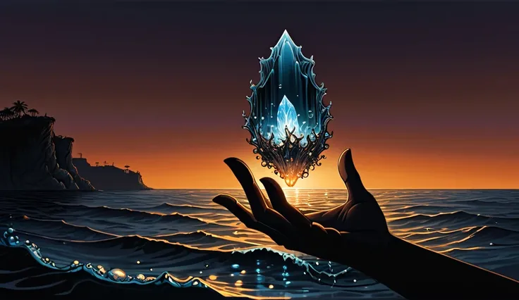 Secrets of the Abyss
Visual Description:

Central Element: A pale, skeletal hand emerging from dark waters, holding a glowing crystal-shaped relic.
Background: The sea at dusk, with choppy waves and a dark orange sky.
Text: "What Lives at the Bottom?" in b...