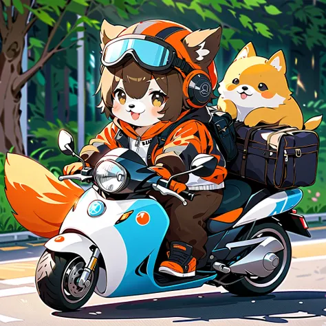 ( top quality, Extremely Detailed Description , amazingly absurd high resolution ),Cute Puppy,Circle々Fat puppy , Transformed Characters ,Puppy on a motorcycle 、 wearing a helmet、During touring、