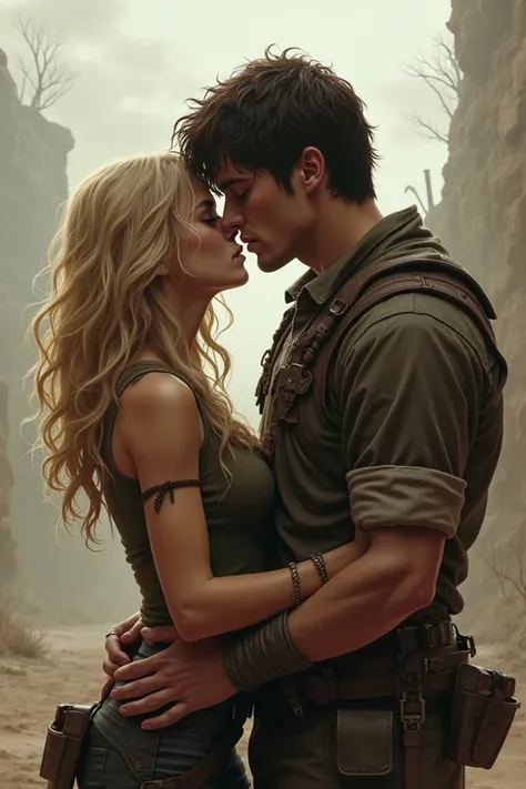 A romantic passionate kiss between two young people in a post-apocalyptic environment.  The faces are not completely recognizable, but the atmosphere is present: two young warriors, dirty and exhausted, in an emotional kiss.  The girl has long warm blonde ...