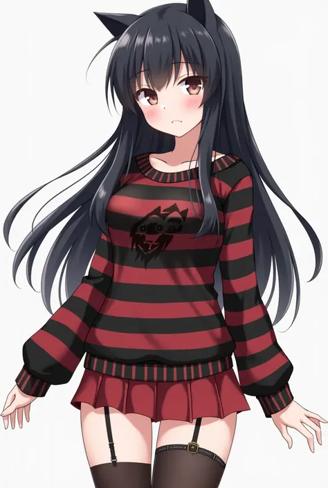 Create an anime girl with long black hair who has a long-sleeved shirt with black and red stripes that is a wolf and wears a short skirt and black and red stockings with a garter with a strap on her right leg. 