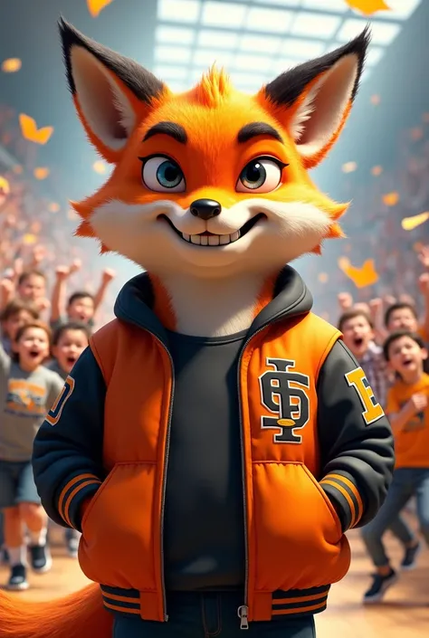 A school mascot, fox , orange and black jacket