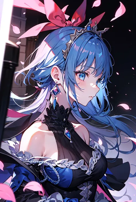 one girl,  viewers,  bangs ,  blue eyes, ribbon,  blue hair/Shopping Hair ,  full body, black pink dress, Middle Ages,  Dazed expression , shoes, princess, earring,  hair accessories