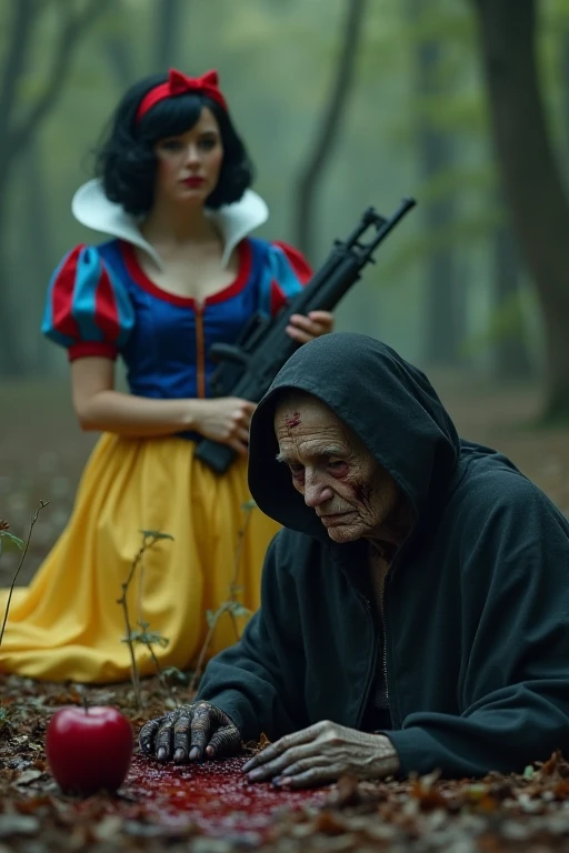 High Resolution, Best Quality, Realistic, Masterpiece, 8k, UHD, A woman wearing the snow white costume (Disney princess), short bob black hair, she holding a Kalashnikov AKM, she look at camera, And dead old woman wearing black cloak with a lot of blood st...