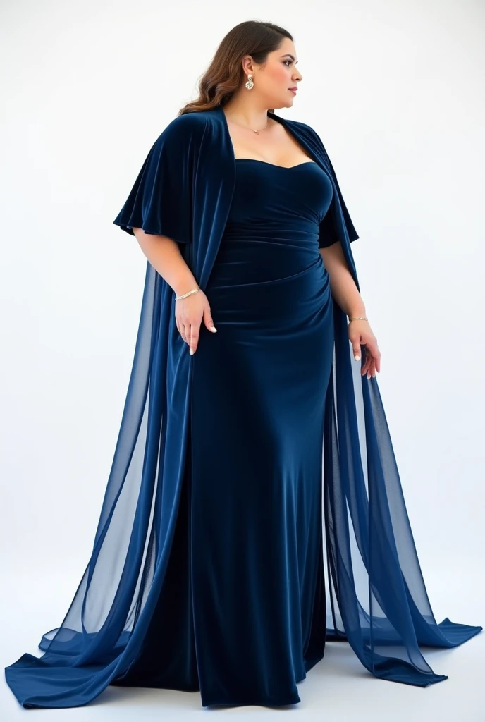 A short blue velvet cape with basic evening dress for women plus size pale complexion posing on white background